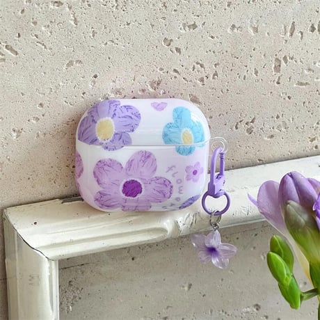 CUTECASE紫の花 Airpods 4ケース エレガント Airpods3/Pro2ケース airpodspro2カバー 女子力UP 花キーチェーン付 大人可愛いCM5238