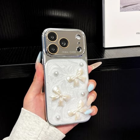 CUTECASE メッキミラー iPhone17Promaxケース リボンと真珠 iPhone17Pro/15Pro/14/13ケース 丈夫 人気デザインCM6484