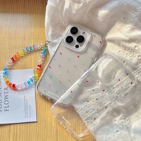 CUTECASE カラーハートデコ iPhone17/17proケース キラキラララメ iPhone17promax/16/15Proカバー クリスタルストラップ 黄ばまないCM5705