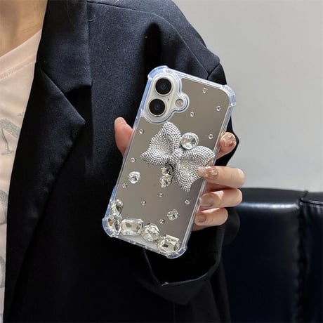 CUTECASE ダイヤリボン鏡 iPhone17/17Proケース キラキラ 豪華 iPhone16pro/15plus/14カバー 四角耐衝撃 CM5554