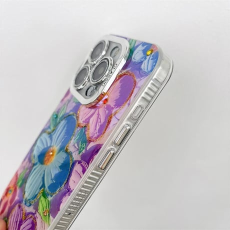 CUTECASE油絵の花 iPhone15Pro/15カバー お洒落ストラップ付 アイフォン14プロ/13/12ケース 光る 女子力アップ CM4555