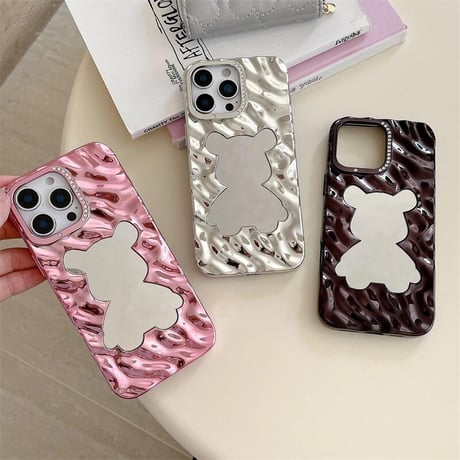 CUTECASE クマちゃんミラー iPhone17/16proケース ジュエリーデコ 波紋 iPhone15pro/14/13カバー メイク直し 可愛いCM5591