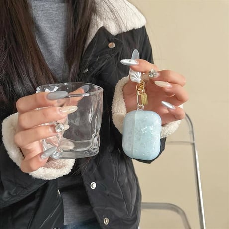 CUTECASEシェル柄 Airpods第四世代ケース 水色 貝殻キーホルダー Airpodspro2/proカバー Airpods第3/2世代 かわいい 女子力高いCM5086
