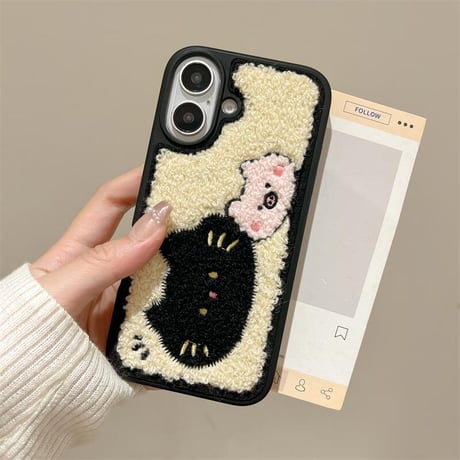 CUTECASE毛織物 iPhone16Pro/16ケース 刺繡 猫 iPhone15Pro/14Promax/13カバー 耐衝撃 頑丈 ギフトに最適 CM4811
