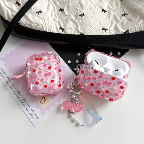 CUTECASE チェリー Airpods Pro3ケース キュート Airpods4/3カバー pro2/pro1 うねうね リング/キーホルダーCM6528