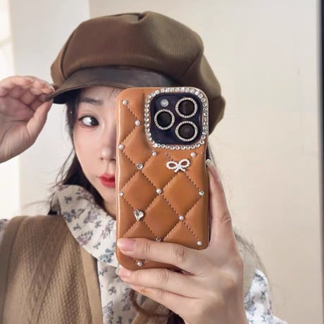 CUTECASEダイヤ/リボンデコ iPhone17ProMax/17Proケース キルティングレザー iPhone17/16Pro/15ケース セレブ愛用 高透明CM5737