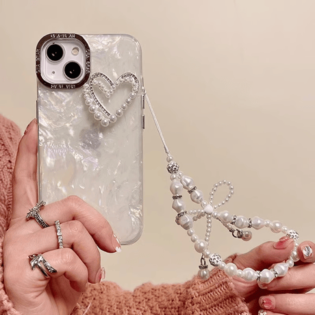 CUTECASE パールハート iPhone15/15proケース シェル風 iPhone14pro/13/12pro/11カバー 真珠ストラップ付 女子力UP トレンドCM4040