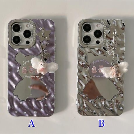 CUTECASE熊ちゃんミラー iPhone16/16proケース 可愛いバックチャーム付 iPhone15pro/14pro/13カバー 艶感 可愛い CM5419