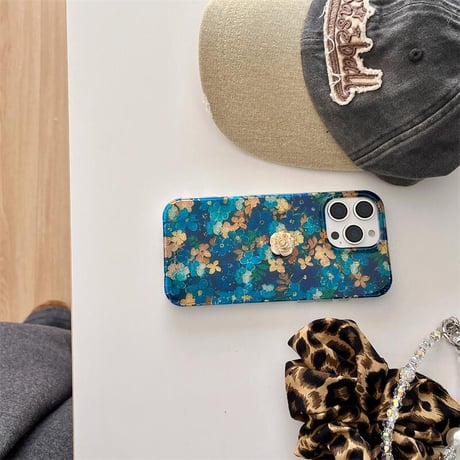 CUTECASE花柄 iphone16/16proケース ブルー iphone15pro/14/13proケース ジュエリーストラップ付 女子力高い CM5053