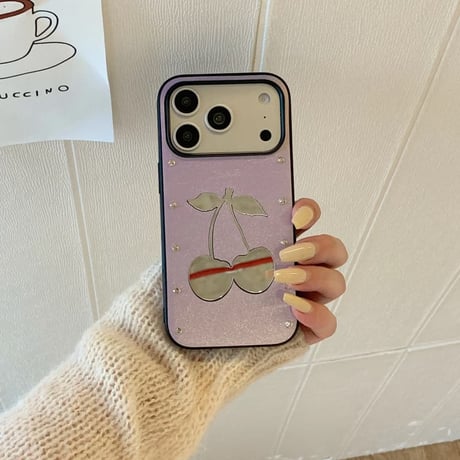 CUTECASEさくらんぼミラー iPhone17Pro/17ケース ダイヤデコ iPhone16Promax/15pro/14ケース レザー 高品質CM6301