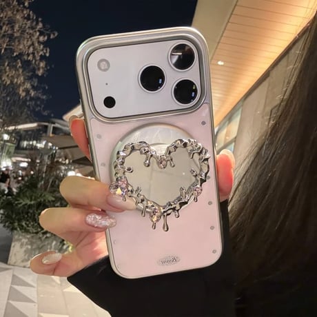 CUTECASE ハート型ミラーグリップ iPhone17Pro/17ケース ワイヤレス充電 ピンク iPhone17ProMax/16Pro/15カバー かわいい 女子力アップ CM6355
