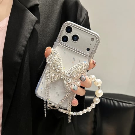 CUTECASE ジュエリー蝶デコ iPhone17Pro/17ケース キラキラ 綺麗 iPhone16Pro/15カバー パールストラップ 女子力高い CM5855