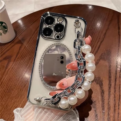 CUTECASEオシャレ 鏡付 iPhone15pro/15promaxケース パールチェーン付 アイフォン14プロ/13/12カバー 豪華 ギフトに最適 CM4475