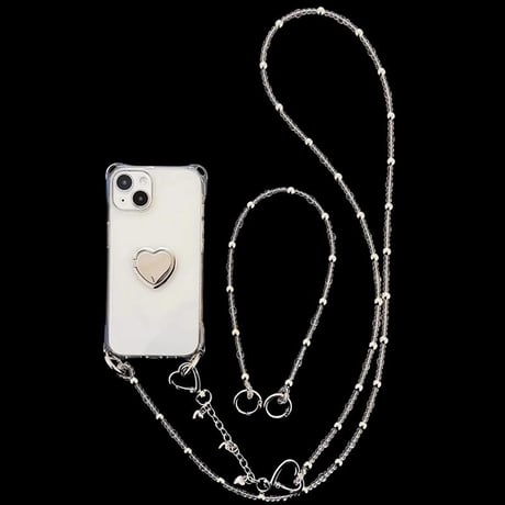 CUTECASEハート鏡リング付 iPhone16pro/16ケース 高級感ショルダーチェーン クリアiPhone15promax/14/13カバー 多機能 スタンド付 黄ばまないCM5041