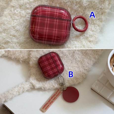 CUTECASE チェック柄 Airpods Pro3ケース レッド Airpods4/3カバー pro2/pro1 リング/ハートキーホルダー 大人可愛いCM6128