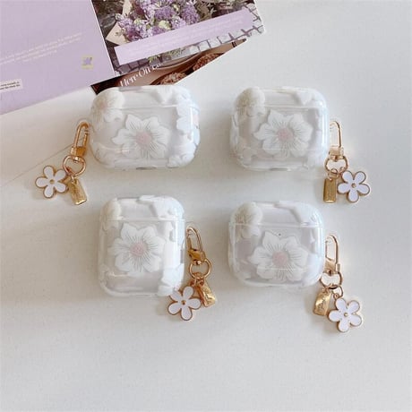CUTECASE春夏 Airpods4ケース 白花柄 Airpods3/Pro2ケース airpodspro2カバー 花キーチェーン付 女子力高い 淡色系CM5204
