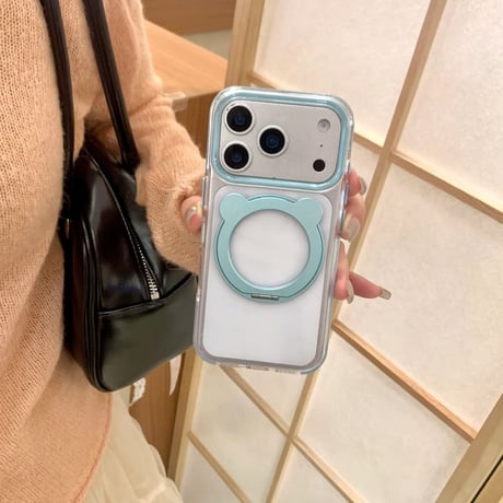 CUTECASE 熊耳付リングスタンド iPhone17PromaxケースMagSafe対応 透明 iPhone16Pro/15/14ProMaxケース シンプル風 高品質CM6248