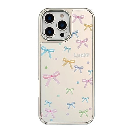 CUTECASEリボン柄 iPhone16pro/16ケース メイク直し鏡 iPhone15/14promax/13proケース 春夏向け 大人可愛い 丈夫CM5213