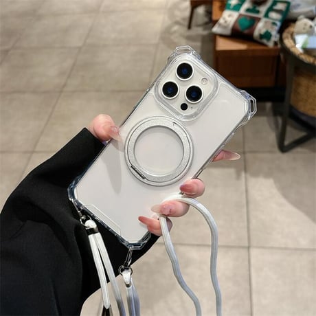 CUTECASEロングストラップ付 iPhone16pro/16eケース リングスタンド付 iPhone15promax/14カバー 四角耐衝撃加工 CM5357