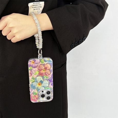 CUTECASE油絵の花 iPhone15Pro/15カバー お洒落ストラップ付 アイフォン14プロ/13/12ケース 光る 女子力アップ CM4555