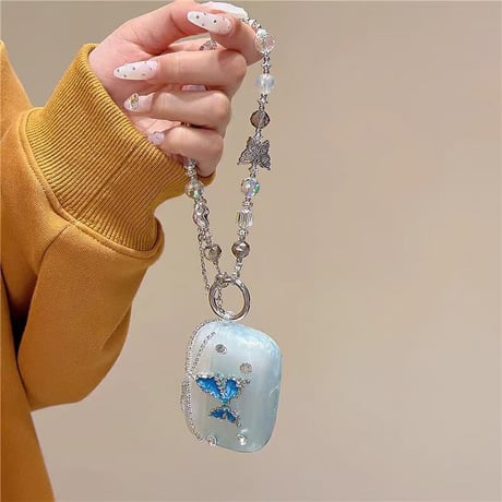 CUTECASEダイヤデコ Airpods 4ケース ブルー蝶 Airpods3/Pro2ケース airpodsproカバー 上品ストラップ付 高級感高品質CM5156