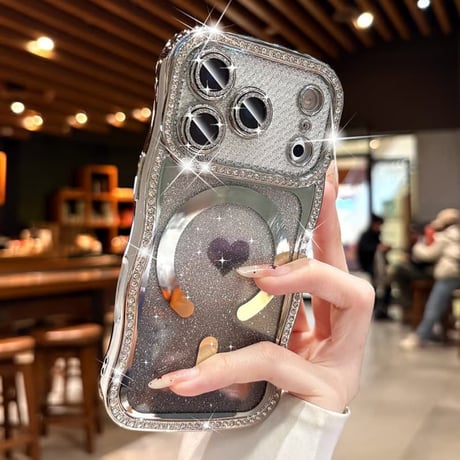 うねうねジュエリーライン iPhone17Pro/17ケース MagSafe対応 ハート柄 iPhone16/15/14ケース ラグジュアリー感 メタリックカラー レンズ保護CM6311