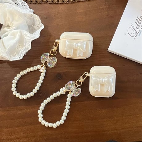 CUTECASE 立体リボン Airpods4ケース パールストラップ付 AirpodsPro2ケース airpods3/2カバー 高級感 淡色系 ベージュ色 CM5287
