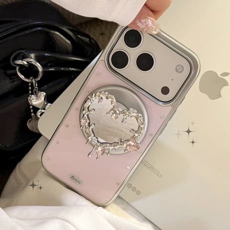 CUTECASE ハート型ミラーグリップ iPhone17Pro/17ケース ワイヤレス充電 ピンク iPhone17ProMax/16Pro/15カバー かわいい 女子力アップ CM6355