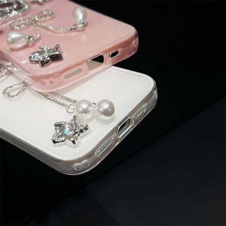CUTECASEジュエリーリボンフリンジ iPhone16Pro/15/14ケース キラキラレンズカバー iPhone13pro/12カバー ハンドメイド 大人可愛い CM5193