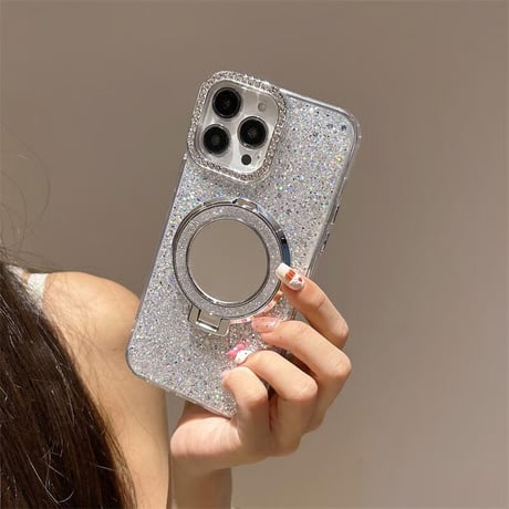 CUTECASEミラースタンド付 iPhone17/16proケース ジュエリー/ラメ入り iPhone15pro/14/SEカバー ダイヤストラップ 高級感CM5576