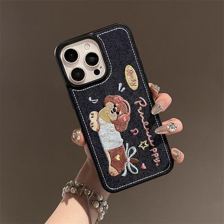 CUTECASE刺繡犬ちゃん iPhone16pro/16ケース デニム素材 iPhone15Pro/14/13proケース 秋冬ファッション 耐久性CM4732