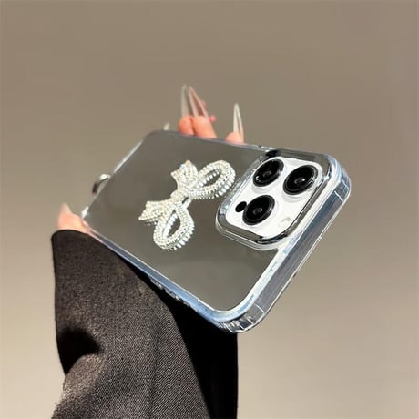 CUTECASEミラー iPhone16e/16proケース ジュエリーリボン iPhone15pro/14/SEカバー 可愛いパールストラップ 高級感CM5220
