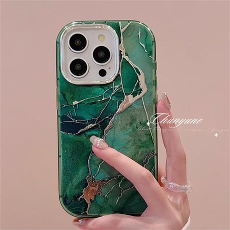 CUTECASE大理石調 iPhone15/16Proケース グリーン/ブラック アイフォン14Pro/13カバー オシャレ シック お揃い CM4607