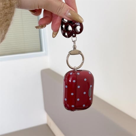 CUTECASEワインレッド Airpods 4ケース 水玉模様 ハートキーホルダー Airpodspro2/proカバー Airpods第3/2世代 かわいい 女子力高いCM5069