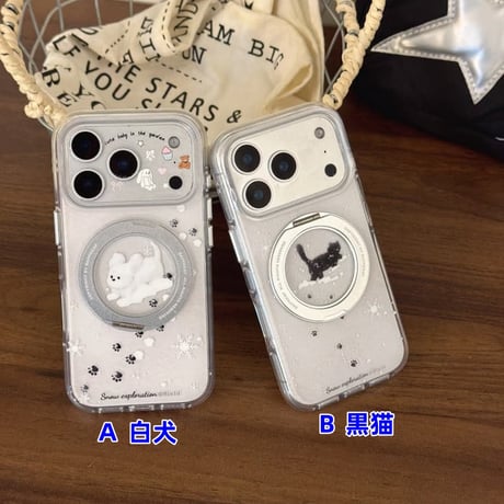 CUTECASE 雪で遊ぶ猫と犬 iPhone17Pro/17ケース 360度回転MagSafeリング iPhone17ProMax/16Pro/15ケース 丈夫 スタンド付CM6003