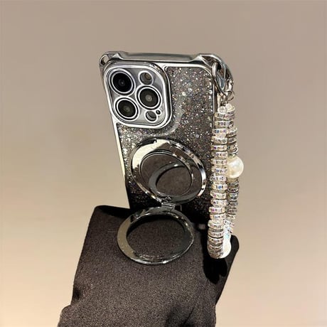 CUTECASE鏡リングスタンド付 iPhone16/16proケース ラメ入り iPhone15pro/14/13カバー バックチャーム/ショルダーストラップ付 CM5394