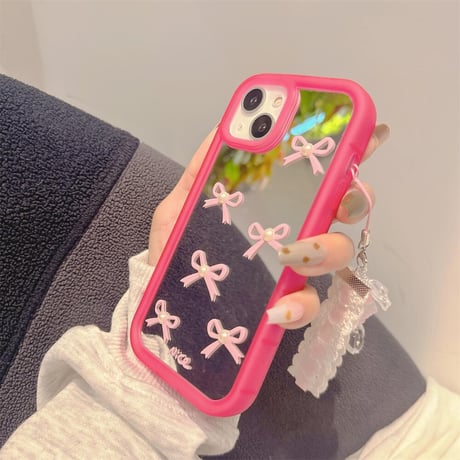 CUTECASE ちょうネクタイミラーiPhone15/15proケース ストラップ付 iPhone14/13pro/12ケース レンズフイルム付 丈夫C6025