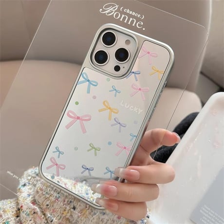 CUTECASEリボン柄 iPhone16pro/16ケース メイク直し鏡 iPhone15/14promax/13proケース 春夏向け 大人可愛い 丈夫CM5213