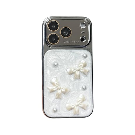 CUTECASE メッキミラー iPhone17Promaxケース リボンと真珠 iPhone17Pro/15Pro/14/13ケース 丈夫 人気デザインCM6484