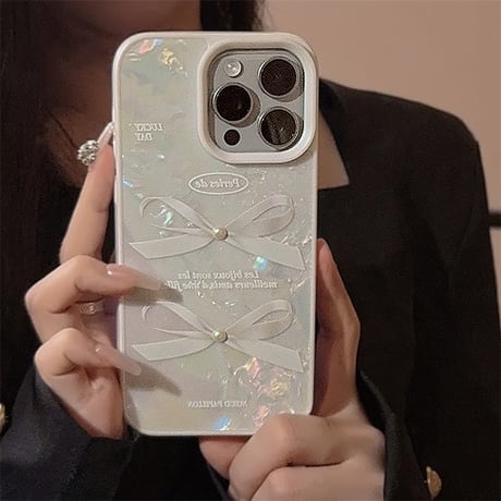 CUTECASE シェル風 iPhone15/15proケース リボン柄 立体パール iPhone14/13pro/12ケース かわいい きれい 女子力UP CM4003