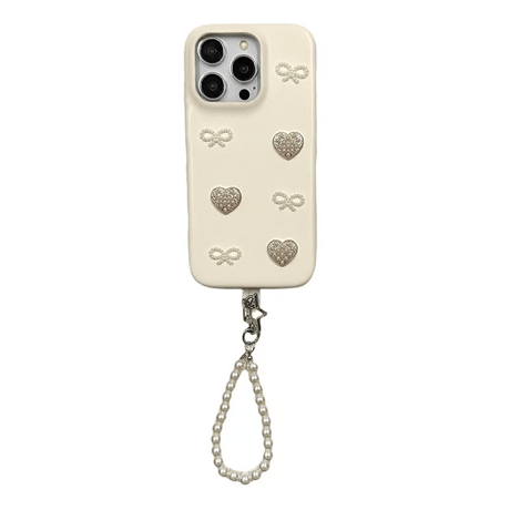 CUTECASE上品 iPhone16/16proケース パールリボン/ハート iPhone14/13pro/12ケース ベージュ色 チャーム付 レザー製CM4669