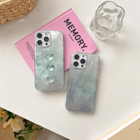 CUTECASE水色 iPhone16pro/16ケース 透明感ハートデコ iPhone15promax/14/13pro/12カバー 大人可愛い オシャレ 夏におすすめCM5475