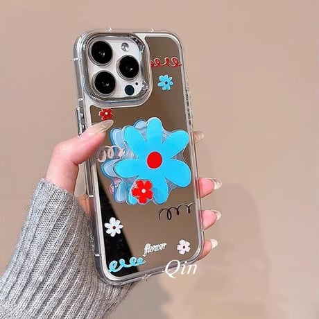 CUTECASE花柄 ミラーiPhone16pro/16ケース 花グリップ iphone15pro/14/13proカバー 大人可愛い スタンド付 人気品CM5199
