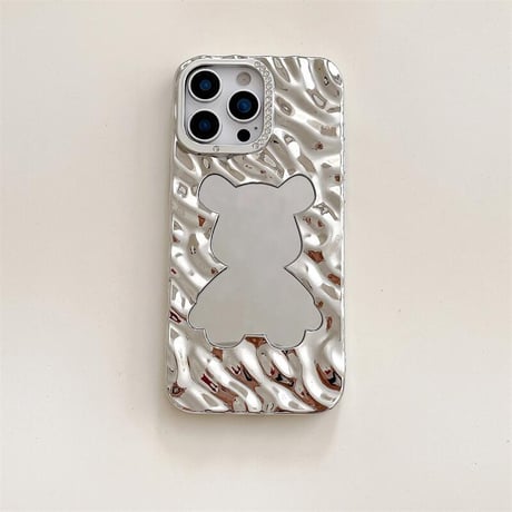 CUTECASE クマちゃんミラー iPhone17/16proケース ジュエリーデコ 波紋 iPhone15pro/14/13カバー メイク直し 可愛いCM5591