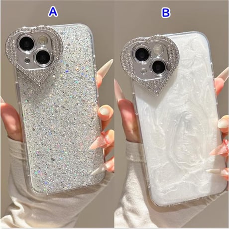 CUTECASEハート型カメラ保護 iPhone16/16Proケース ジュエリーデコ iPhone15/14pro/13カバー グリッター入り 大人可愛い CM5311