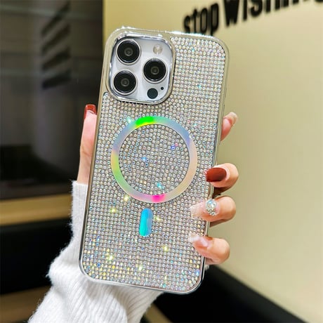 CUTECASE磁気充電iPhone15plus/15proケースグリッター入り ダイヤモンドiPhone14/13pro/12ゴールドシルバーきれいケース C6009