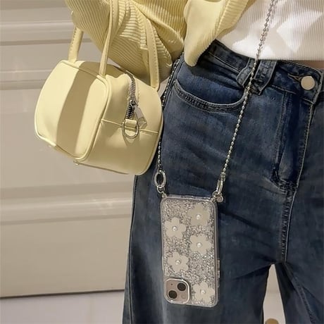 CUTECASE鏡付花 iphone15/15proケース ショルダーチェーン付 アイフォン13/14pro/12カバー キラキラグリッター 可愛いCM4459