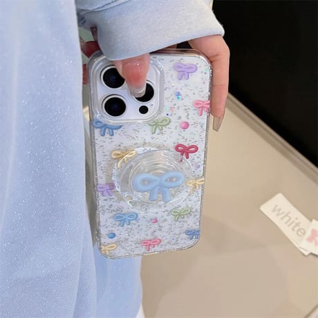 CUTECASE大人可愛い iPhone16/16proケース リボン グリップ付き iPhone14/13pro/12proカバー ラメ入り キラキラCM5164