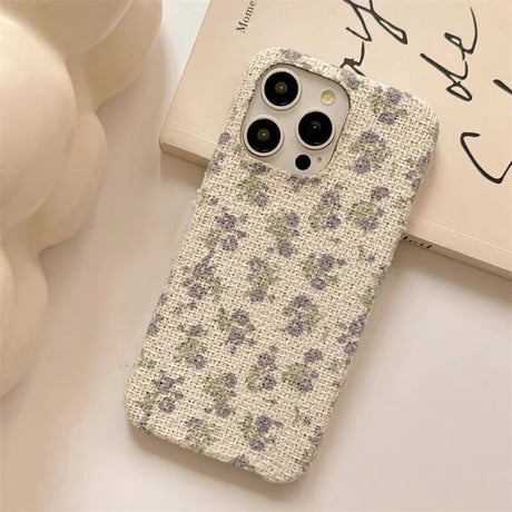CUTECASE 布生地 iPhone16/16Proケース パープル花柄 iPhone15/14pro/13Pro/12ケース 秋冬人気 女子力アップ CM4660