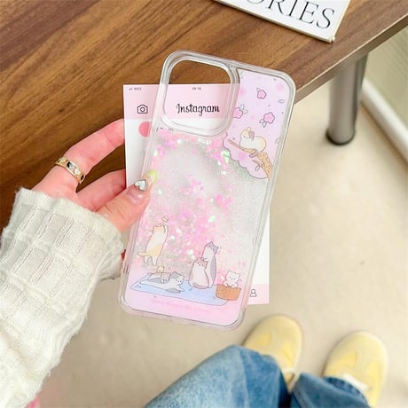 CUTECASE お花見猫 iPhone15/15proケース 動くグリッター入り iPhone14/13pro/12クリアケース ピンク 綺麗CM4412